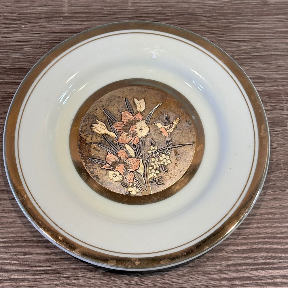 Decorative Plate Art of Chokin Hummingbird Floral Gold Silver Gilded Japan 6.5"